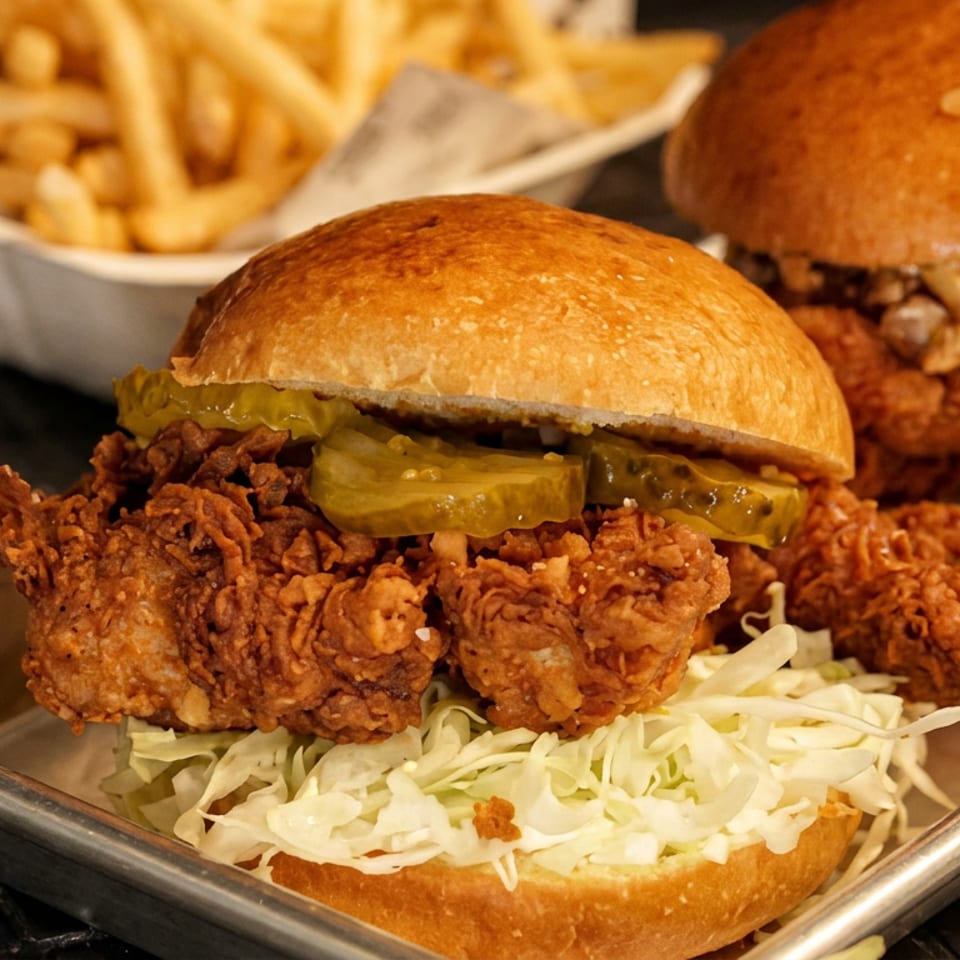 Two crispy fried chicken sandwiches with pickles and shredded cabbage on a metal tray, served with fries.