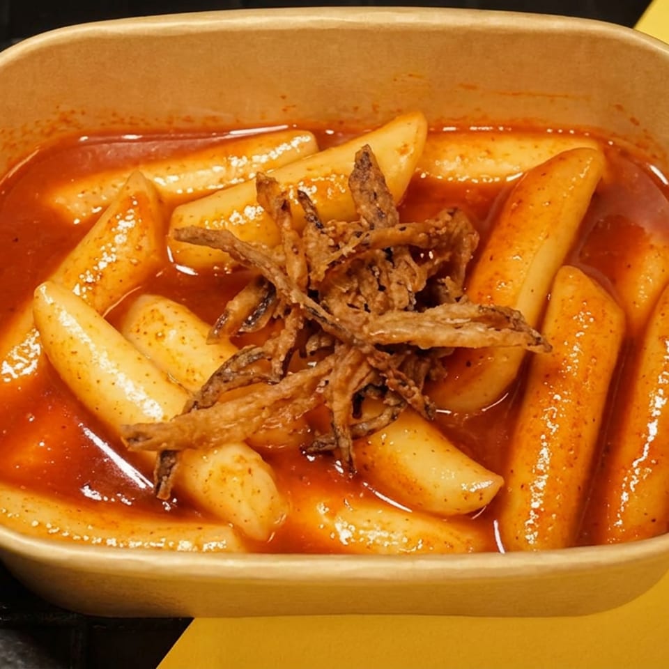 Bowl of spicy red-sauce rice cakes topped with crispy fried vegetables on a yellow and black tabletop.