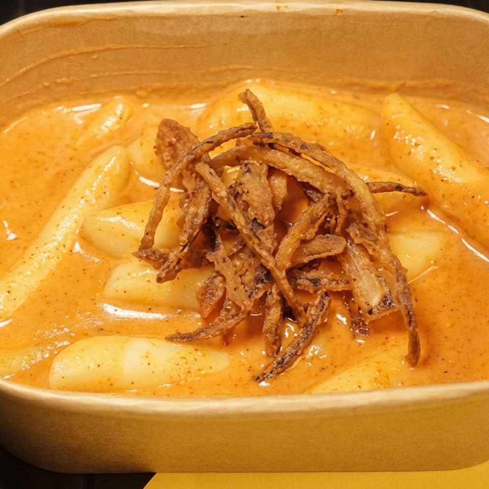 Creamy orange-sauced pasta topped with crispy fried onions in a rectangular bowl.