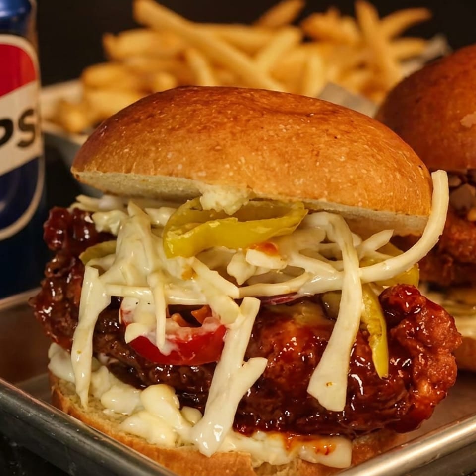 Two crispy chicken sandwiches with coleslaw and pickles on a tray, served with fries and a Pepsi.