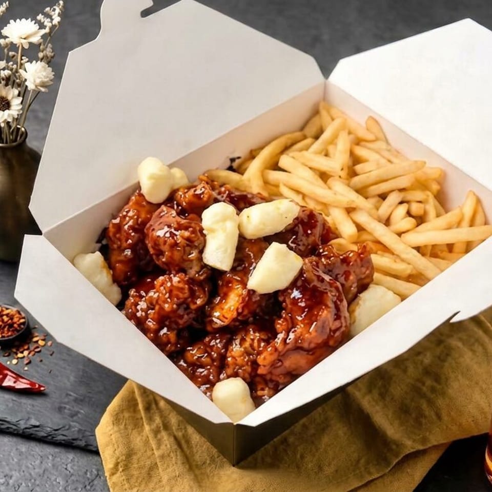 Open takeout box filled with glazed chicken wings, fries, and white cheese pieces on a dark tabletop.